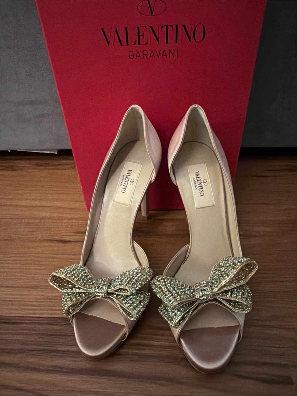 Valentino Garavani Powder Satin Peep-Toe Heels with Crystal Bow 38